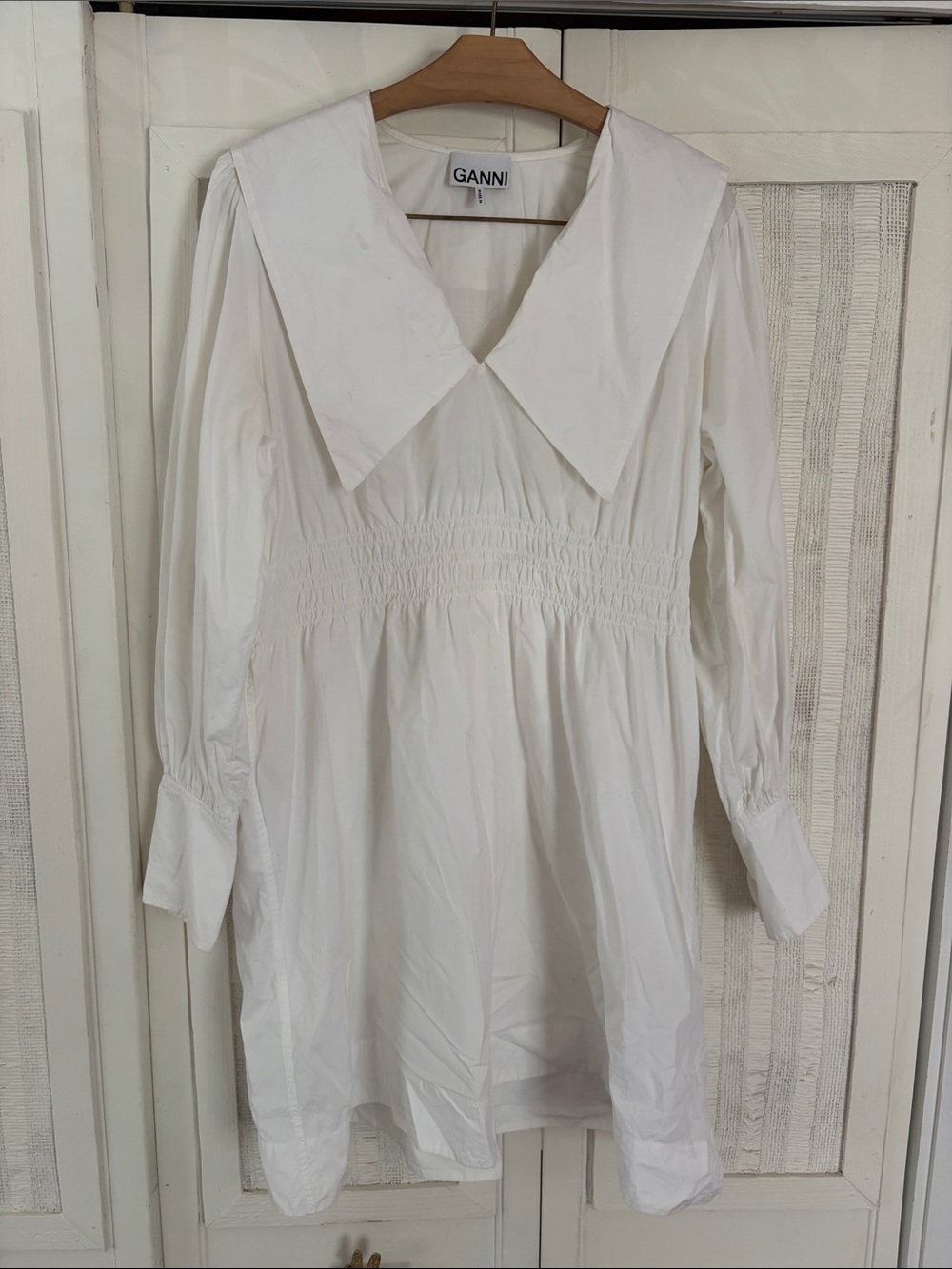 GANNI Organic Cotton Poplin Oversized Collar White Mini Dress XS 36 - Picture 5 of 11